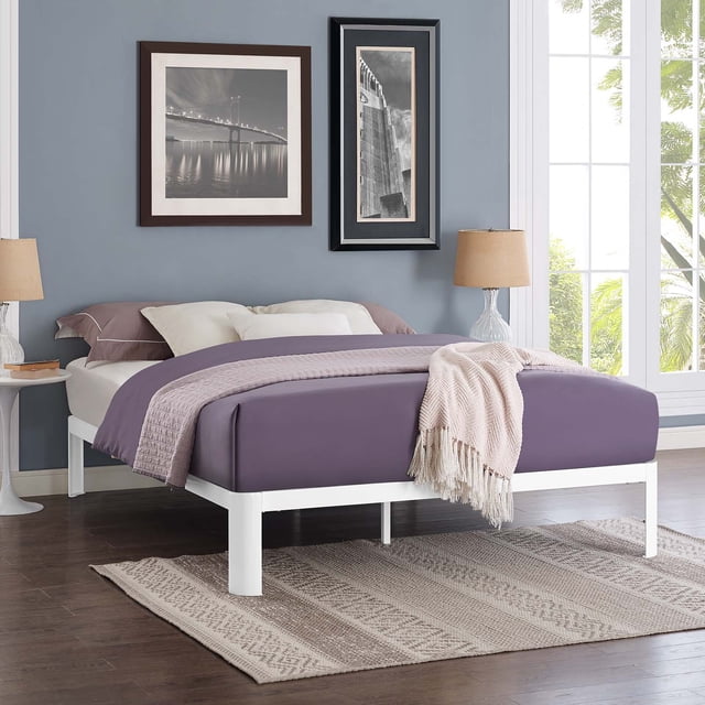 Modway Corinne Base de Matelas Moderne en Acier, Cadre de Lit Double avec Lattes de Bois, Blanc