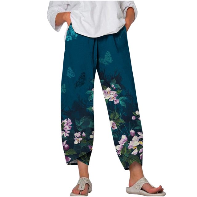 Jsaierl Cotton Linen Pants for Women Elastic Waist Crop Pants Plus Size Straight Leg Slack Casual Trouser with Pockets