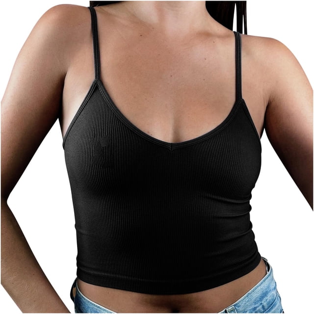 Timegard Cropped Camisole Tank Tops for Women V Neck Spaghetti Strap Shirts Sleeveless Solid Color Top