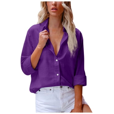 IROINID Offres Chemises à Manches Longues à Col en V pour Femmes Chemises en Coton pour Femmes Chemise Confortable de Couleur Unie Blouse Ample à Col en V Tunique de Travail à Manches Longues avec Poche, Violet