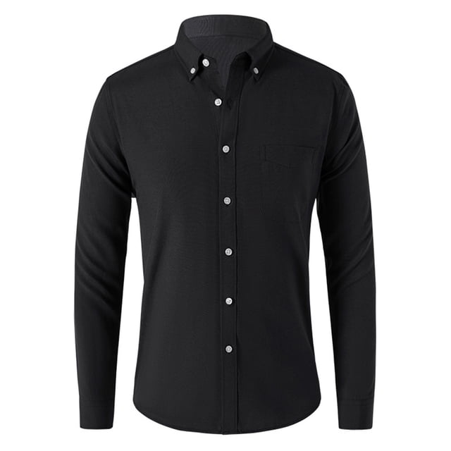 Admvng Work Shirts For Men Casual Cardigan Solid Color Textile Long Sleeved Shirt M-5XL. A front-facing view of a black long-sleeve shirt with a button-down design and a classic spread collar. Made from breathable, wrinkle-free fabric, it features a chest pocket and a solid color suitable for both casual and formal occasions. Ideal for pairing with jeans or chinos.