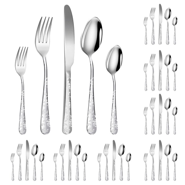Mistaha Elegant Floral Pattern 40-Piece Stainless Steel Cutlery Set - Dinner Knives, Forks, Spoons, Tea Forks, Teaspoons - Silver Color - Service for 8