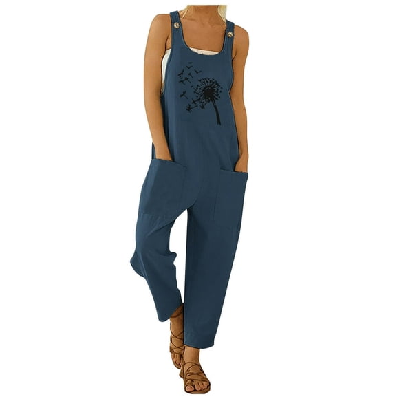 Women Summer Casual Boho Print Romper with Pockets Wide Leg Loose Long Playsuit Strap Button Dressy Jumpsuit