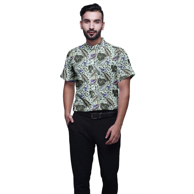 BESTMAN Chemise en Coton pour Hommes à Manches Courtes Imprimée Col Mandarin Chemise Décontractée