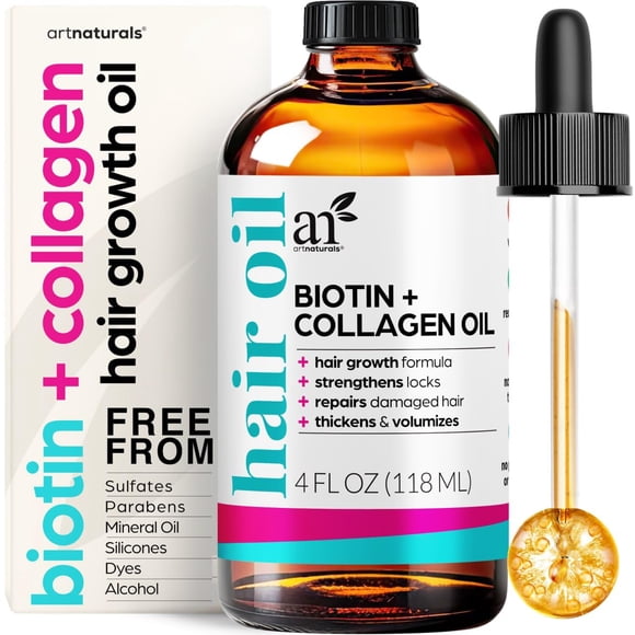 artnaturals Biotin Collagen Hair Oil 4.0oz - Growth Promoting Volumizing Formula - Reduce Hair Loss Strengthens and Nourishes Hair - Controls Frizz & Improves Manageability