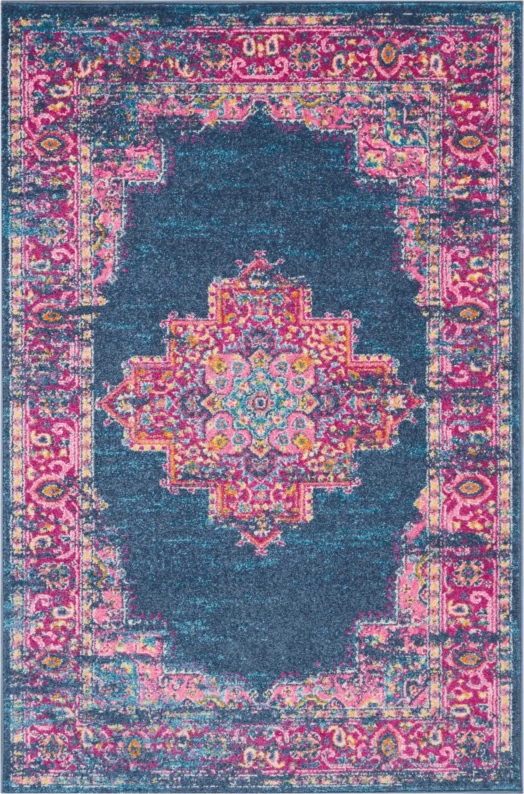homeroots home decor 385310 4’ x 6’ Blue and Pink Medallion Area Rug