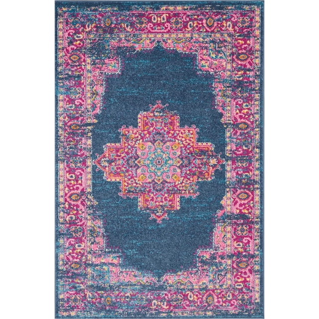 homeroots home decor 385310 4’ x 6’ Blue and Pink Medallion Area Rug