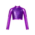 thumbnail image 1 of RUNQHUI Enfants Filles Col Roulé Métallique Danse Crop Top Paillettes Manches Longues pour Danse Raves Festivals Sports Violet 6, 1 of 5