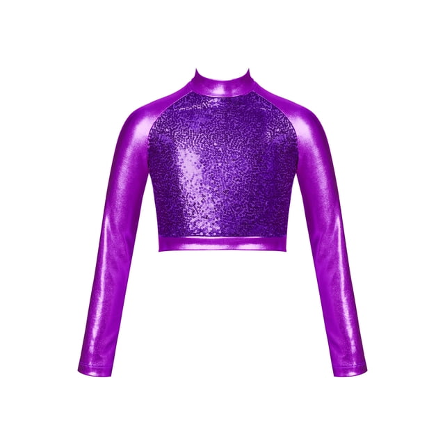 RUNQHUI Enfants Filles Col Roulé Métallique Danse Crop Top Paillettes Manches Longues pour Danse Raves Festivals Sports Violet 6