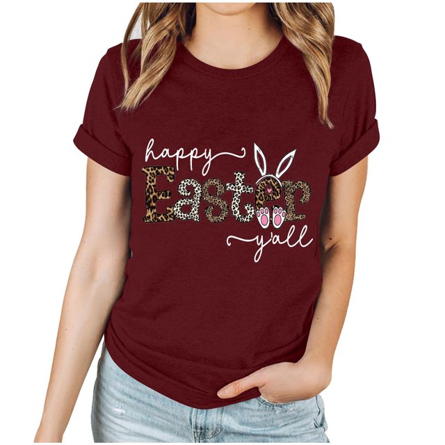 EGNMCR Chemise de Pâques pour Femmes Chemises Imprimé de Pâques pour Femmes Haut à Manches Courtes Col Rond T-Shirts pour Femmes