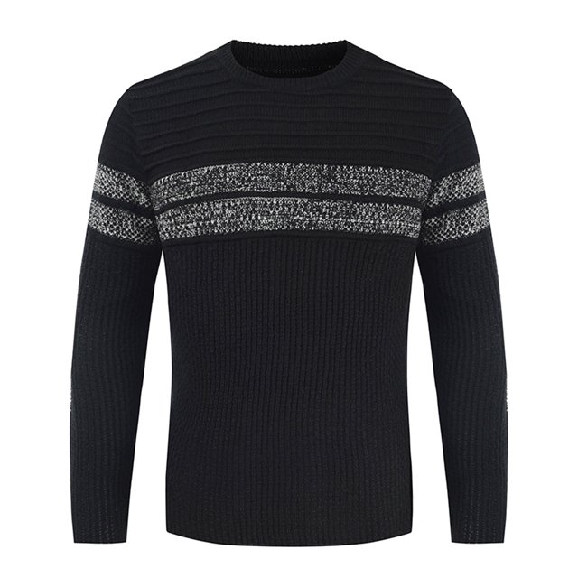 EGNMCR men's pullover sweater with a round neck and striped pattern featuring colour matching details. The sweater is black with textured grey stripes across the chest and sleeves, offering a slim-fit silhouette ideal for autumn and winter wear. Made from durable materials, it is versatile for layering in colder climates and suitable for casual outings, office settings, or social events.