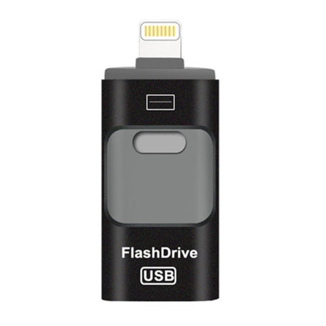 3-in-1 USB Flash Drive with 64GB or 128GB storage capacity, featuring a black aluminum alloy body. Designed with three built-in ports: USB-C, iPhone Lightning, and USB-A, offering compatibility with iPhone, iPad, Android devices, and computers. The compact design measures 55 x 22.5 x 9.2mm and supports high-speed file transfer without the need for internet or Wi-Fi. Ideal for storing photos, videos, music, and other files.