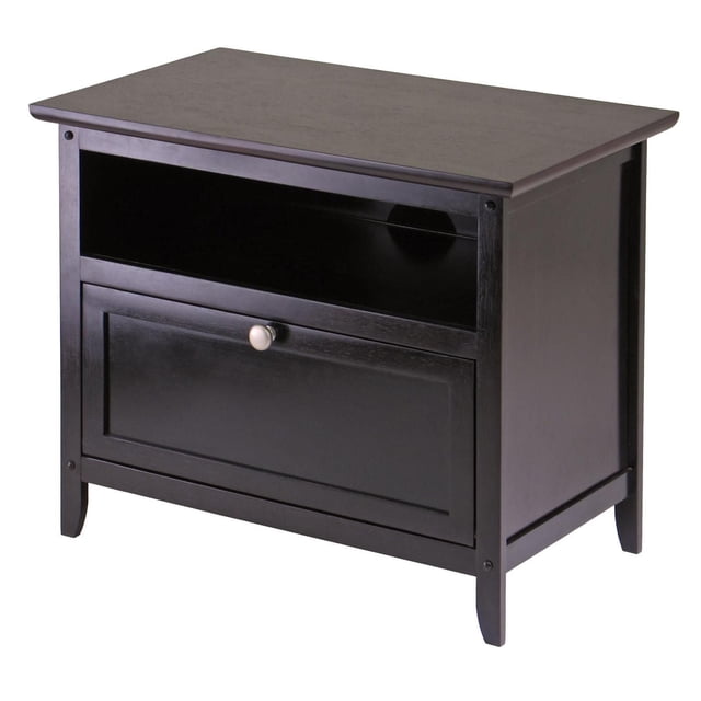 92125 Zara TV Stand in espresso finish with a rectangular top, open shelf, and pulldown door with metal knob, designed to hold up to 32-inch flat-panel TVs and store media devices, shown in a front angled view.