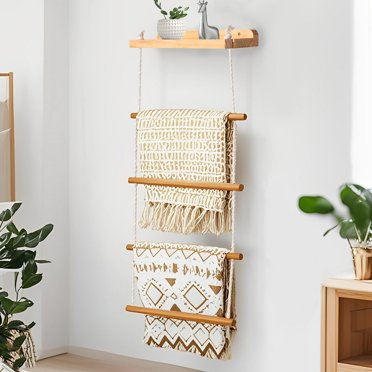 SUTENGDA Ladder Wall Mounted  Rack Decorative Towel Ladder Easy to Install Quilt Rack Wood Quilt Holder for Living Room Bedroom Bathroom 5.91*16.92*38.58in