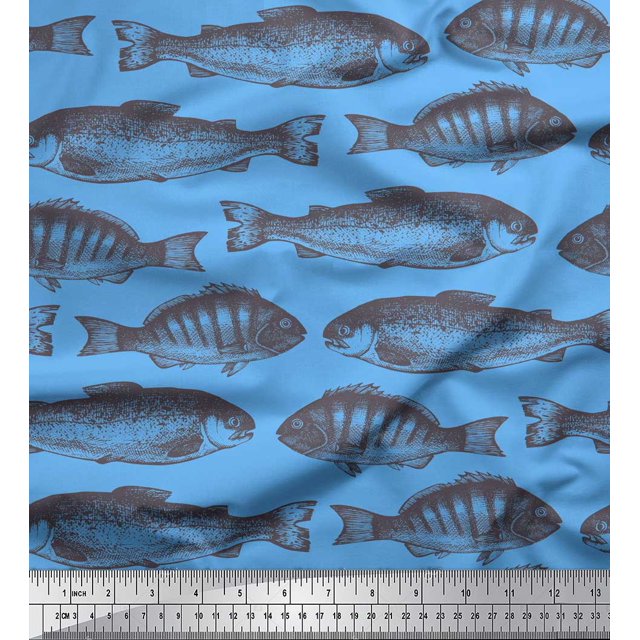 Soimoi Blue Heavy Satin Fabric Fish Ocean Fabric Prints By Yard 54 Inch Wide