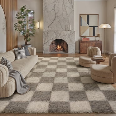 BERTHMEER 8'x10' Shag Area Rugs for Living Room Bedroom Dining Room Office Farmhouse Modern Checkered Contemporary Plush Soft Large Carpets Indoor Fuzzy Fluffy Washable Rugs, Gray White