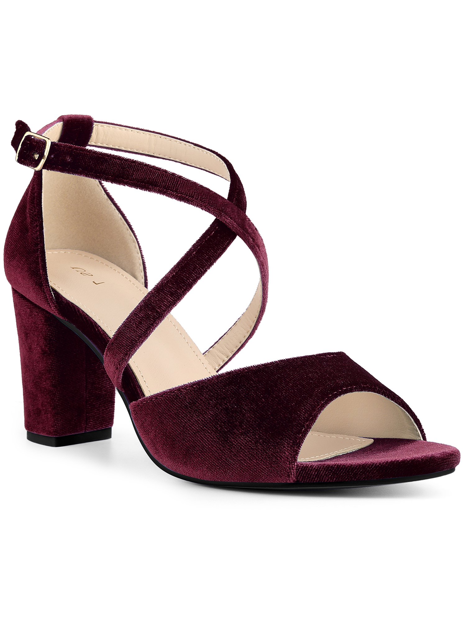 BLISSFUL STEP Women's Shoes Faux Velvet Chunky Heel Open Toe Crisscross Strap Buckle Sandals Burgundy 7