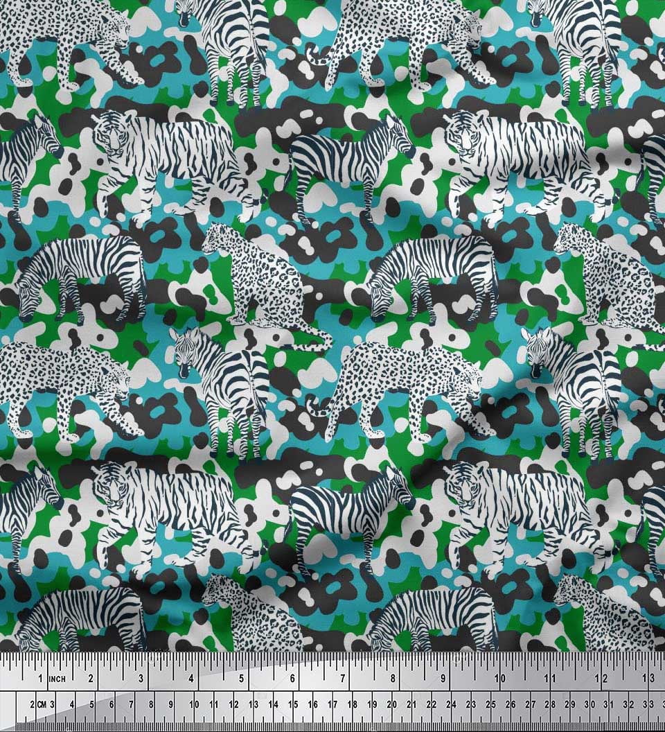 Soimoi Green Silk Fabric Tiger,Leopard & Wild Animal Printed Fabric 1 Yard 42 Inch Wide