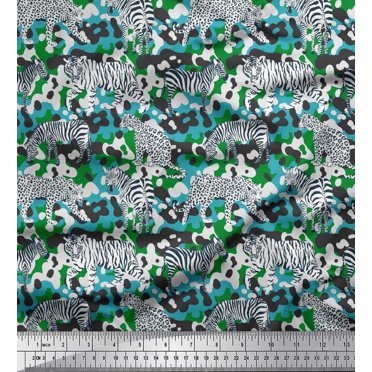 Soimoi Green Cotton Poplin Fabric Tiger,Leopard & Wild Animal Decor Fabric Printed BTY 56 Inch Wide