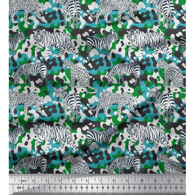 Soimoi Green Silk Fabric Tiger,Leopard & Wild Animal Printed Fabric 1 Yard 42 Inch Wide