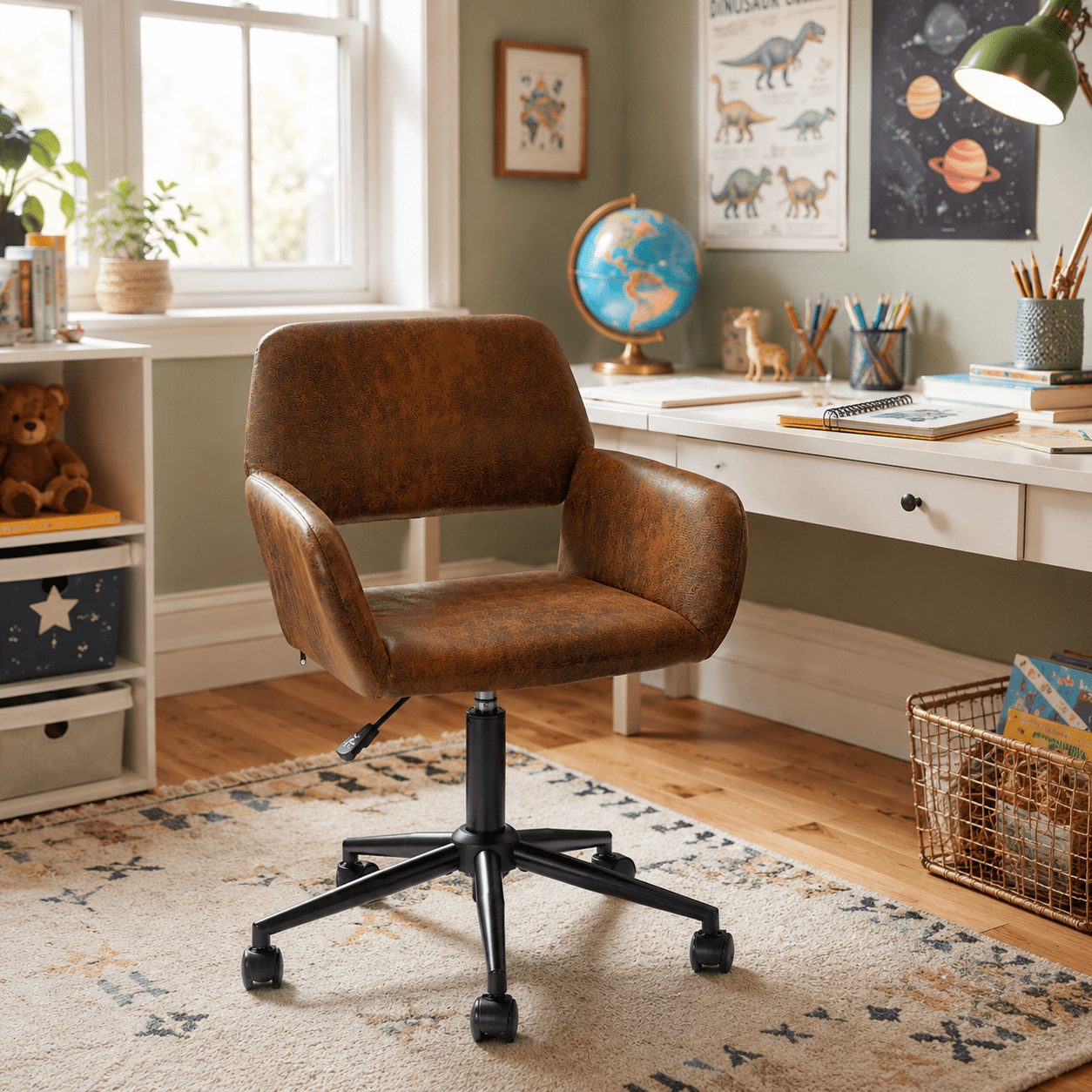 Homy Casa Compact Home Office Chair, Brown Faux Suede Desk Chair with 360° Swivel, Adjustable Height and Rolling Base