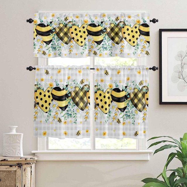 Grey Buffalo Plaid Heart 3-Piece Kitchen Curtain Set, Rod Pocket Kitchen Curtain Valance and Tiers Set, Washable Drape Window Treatment Set, Bee Summer Spring Flower