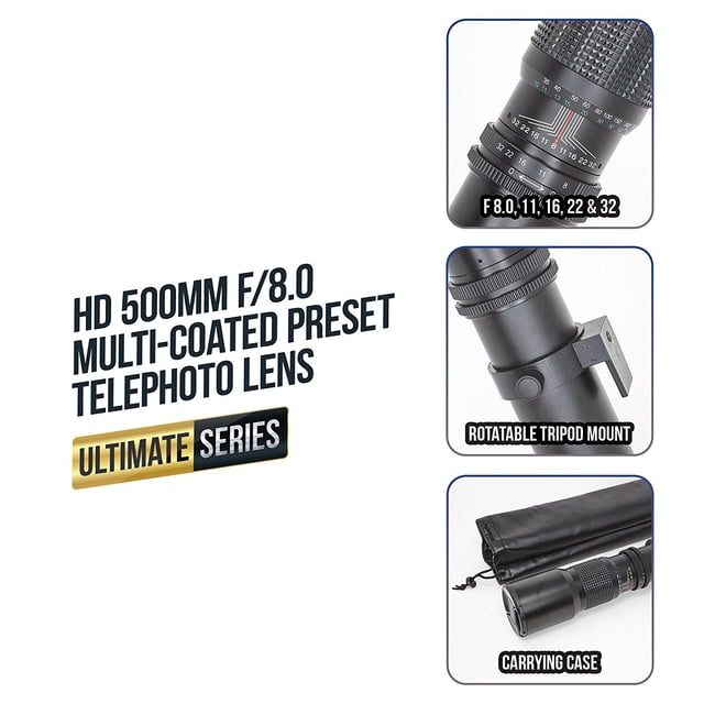 Ultimaxx HD 500mm F/8.0 Multi-Coated Preset Telephoto Lense Compatible with SLR / DSLR Cameras Utilizing A T-mount Adapter