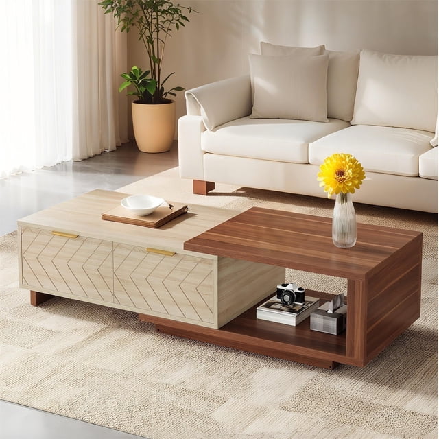 Fnova Table Basse Moderne Extensible avec 2 Tiroirs, Table Basse en Bois Extensible 42 Pouces-65 Pouces pour Salon, Noyer et Chêne