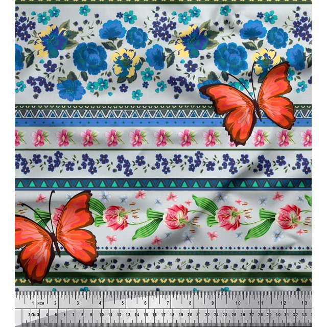Soimoi Blue Polyester Crepe Fabric Floral & Insect Patchwork Print Fabric by The Yard 42 Inch Wide