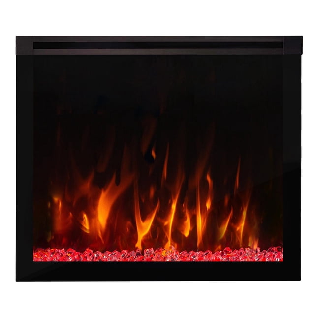 ActiveFlame Electric Fireplace Insert, 36IN, front-facing view showing bright orange LED flames above glowing red ember crystals within a black rectangular frame, featuring energy-efficient LED technology and customizable flame colors, suitable for retrofitting existing fireplaces or new installations.