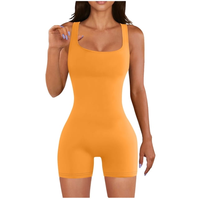 AherBiu Workout Bodysuits for Women Square Neck Sleeveless Compression Gym Yoga Short Jumpsuits Rompers
