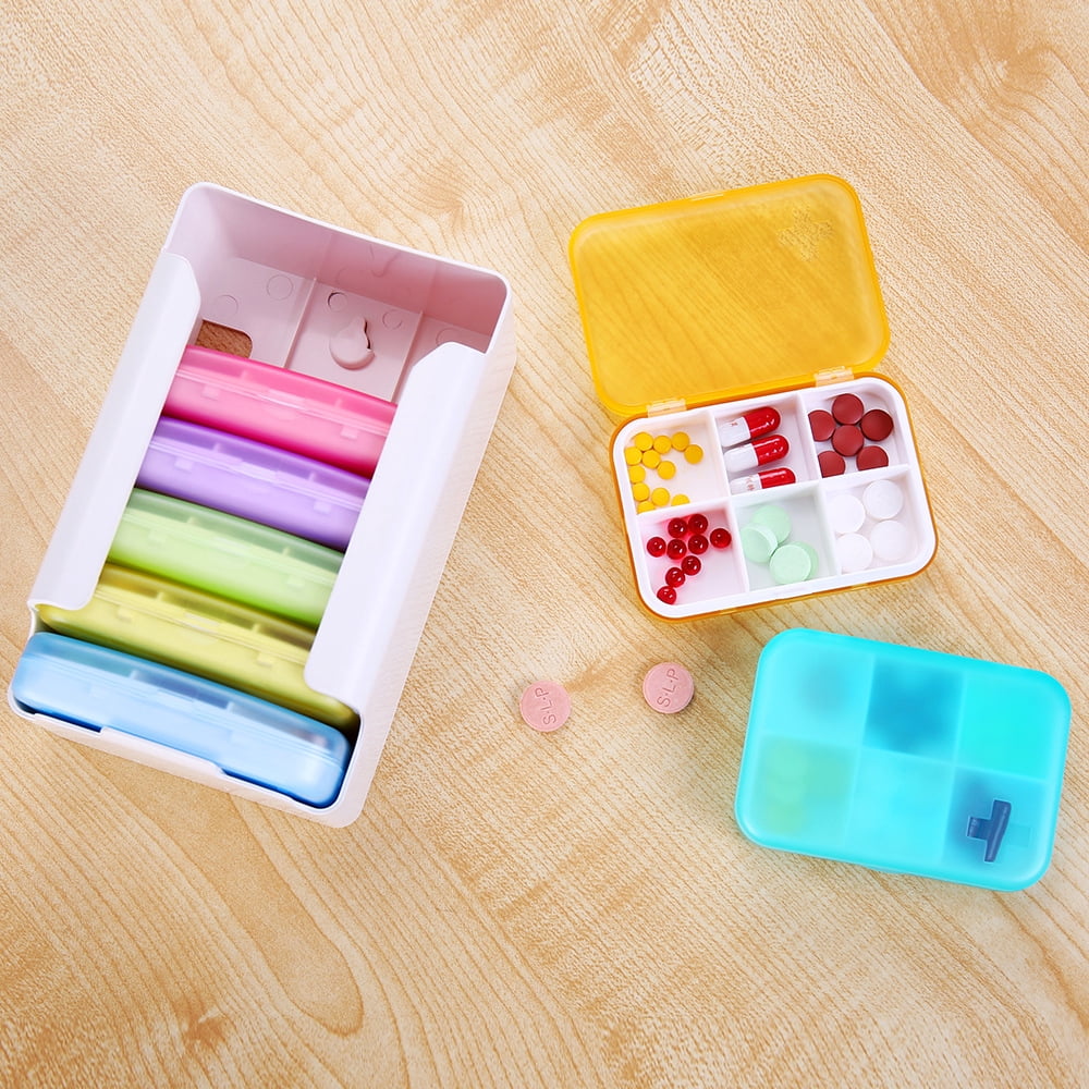 7 Piece Set Pill Organizer 6 Times a Day, Weekly Pill Case, Pill Organizer with Labels, Travel Pill Dispenser 7 Day with 42 Copartments for Medication/Vitamin/Fish Oil/Supplements - Rainbow Colors