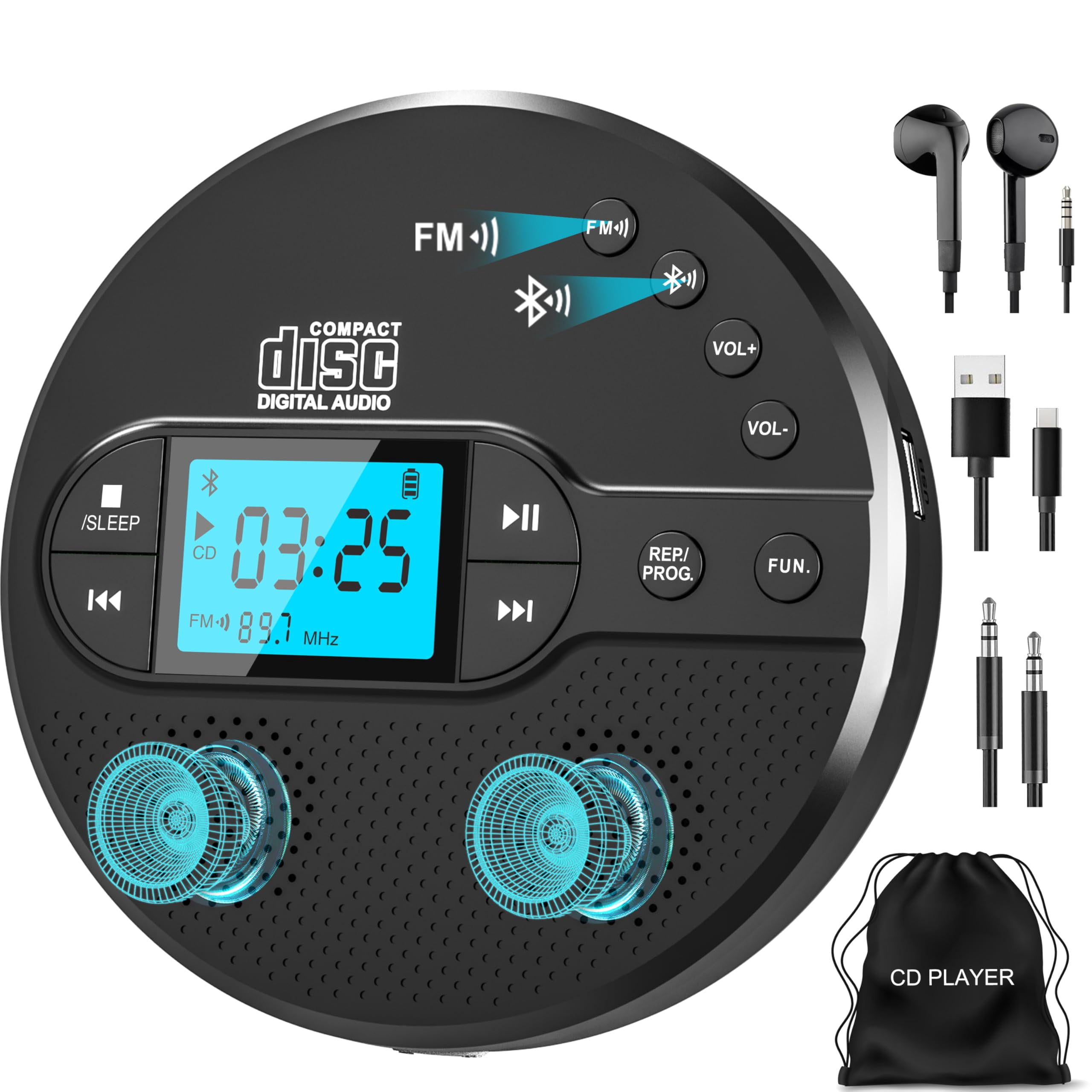 Sunoony Portable CD Player with Bluetooth, Walkman CD Player with FM Transmitter and Speakers for Car, Rechargeable Discman CD Player with Anti-Skip Protec