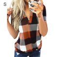 thumbnail image 1 of Femmes T-Shirt V Cou à Manches Courtes Top Plaid V Col Imprimé Blouse Décontractée, Orange, S, 1 of 3