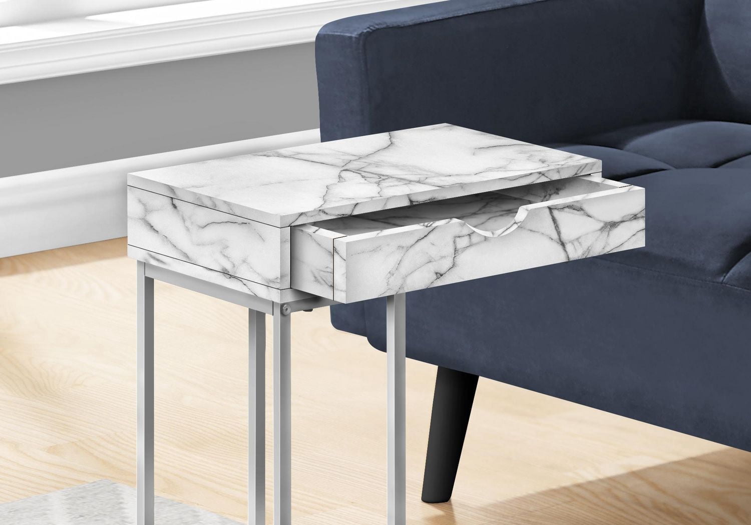 Monarch Specialties Table D'appoint, En Forme De C, Bout, Côté, Collation, Tiroir De Rangement, Salon, Chambre À Coucher, Métal, Stratifié, Aspect Marbre Blanc, Gris, Contemporain, Moderne
