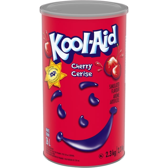 Kool-Aid Cherry Powdered Drink Mix in a 2.3kg (5.07 lbs) resealable tub, featuring a vibrant red container with the iconic Kool-Aid smiley face and cherry illustrations. The tub is labeled to yield 26 liters of sweetened, caffeine-free beverage, ideal for large gatherings or foodservice use.