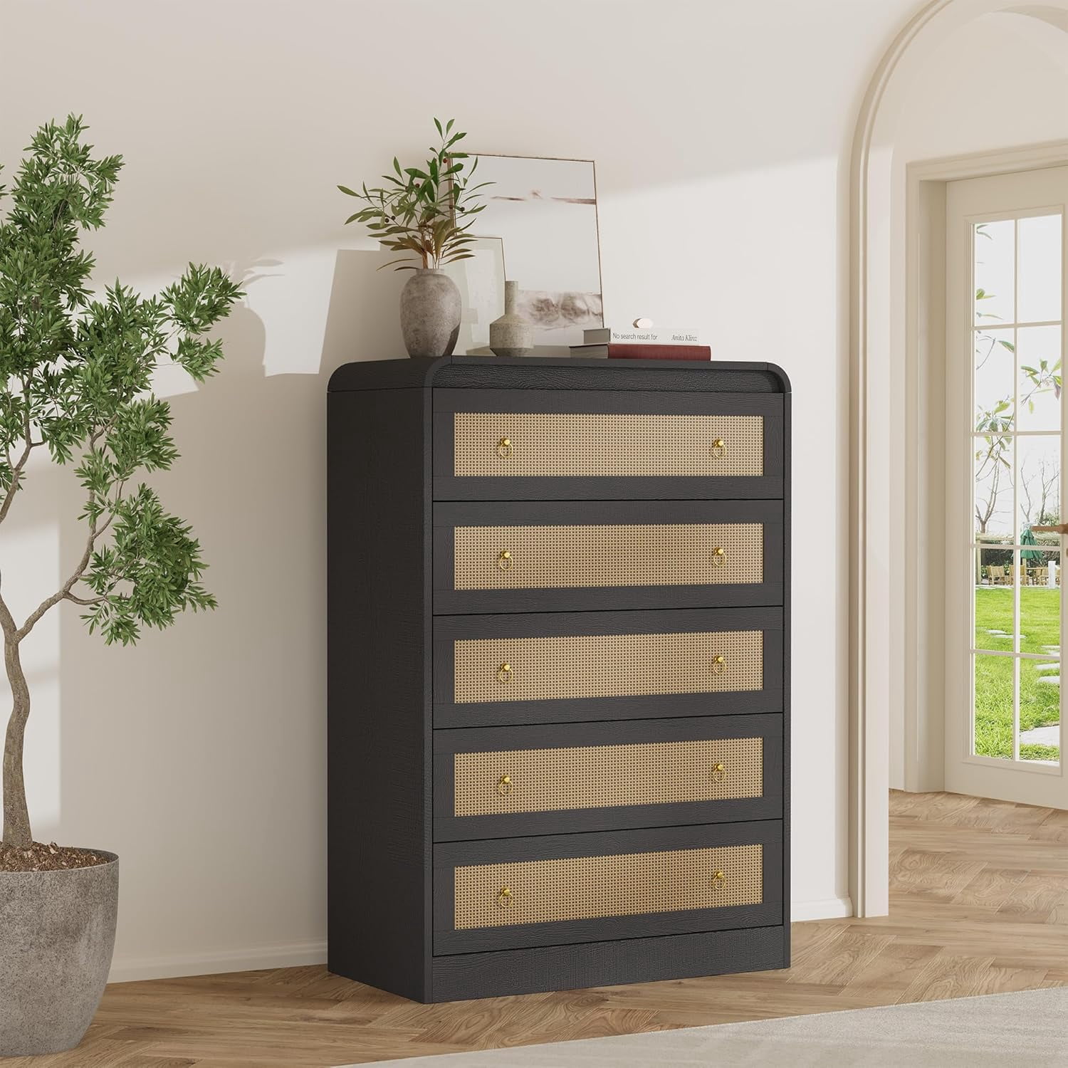 31" Tall Rattan Dresser,5 Drawer Dresser for Bedroom,Dressers & Chests of Drawers,Modern Chest of Drawers for Bedroom,Living Room,Hallway,Black