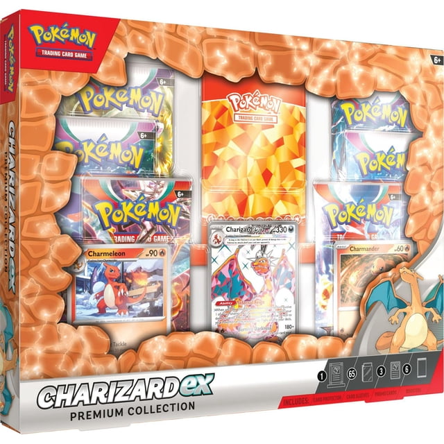Pokémon TCG: Charizard ex Premium Collection boxed set with an etched foil Charizard ex promo card, foil Charmeleon and Charmander cards, six booster packs, 65 Charizard Tera Pokémon card sleeves, a magnetic card protector with display base, and a code card for Pokémon TCG Live, all framed by a textured fiery orange border.