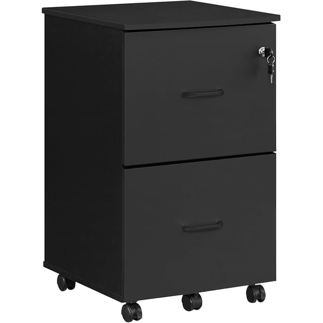 SONGMICS HOME 2-Drawer File Cabinet in ink black, designed for modern office furniture needs. Compact dimensions of 16.9 inches deep, 17.5 inches wide, and 28.3 inches high make it ideal for small spaces. Features include two lockable drawers with adjustable hanging rails for A4 and letter-size files, five 360° swivel wheels for mobility, and a stabilizing fifth wheel for added stability. Made of particleboard with metal handles, it serves as a versatile printer stand and fits neatly under desks.