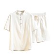 thumbnail image 4 of Two Piece Pants Sets Mens Two Piece Solid Cotton Linen Short Sleeve V Neck Tops and Shorts Set, 4 of 6