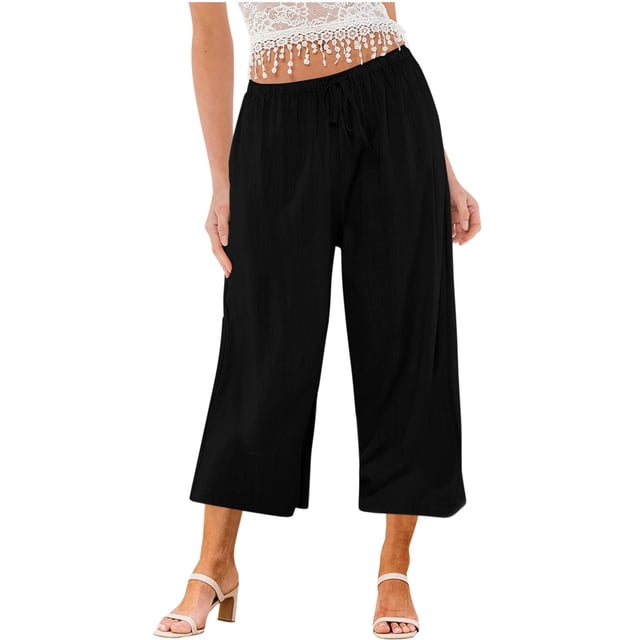 Yuyuzo Wide Leg Pants for Women High Waist Cotton Linen Drawstring Ruched Solid Color Boho Beach Trousers
