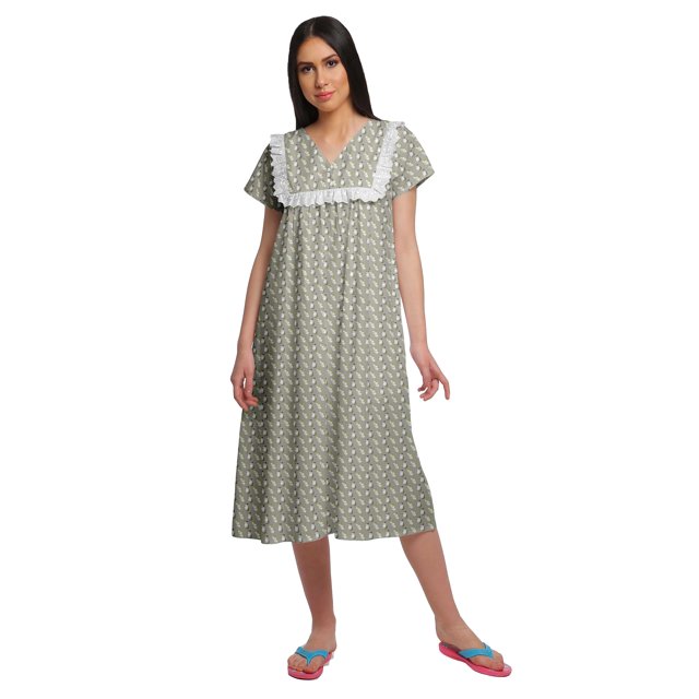 Moomaya Printed Short Sleeve Nightdress For Ladies Button Placket Nightwear