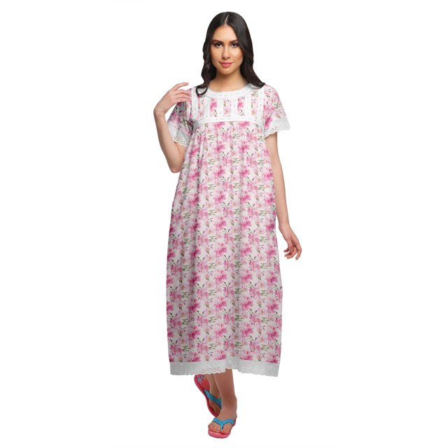 Moomaya Chemise de Nuit Maxi à Manches Courtes Imprimée, Boutonnée, en Coton, Tenue de Sommeil