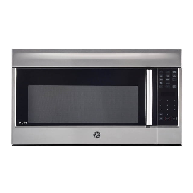 GE Profile 1.8 Cu. Ft. SpaceMaker Over-the-Range Microwave Oven in stainless steel finish, a versatile kitchen appliance with microwave and convection cooking technology, digital controls, a 14 1/6-inch turntable, programmable defrost settings, cooktop lighting, and an exhaust fan. Ideal for modern kitchens.