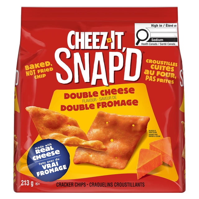 Cheez-It SNAP’d Double Cheese Flavour Crackers 213 g bag featuring baked, not fried thin crispy cracker chips with double cheese flavour made from real cheese, shown on red and yellow packaging with enlarged cracker and cheese wedge images, ideal for savoury snacking.