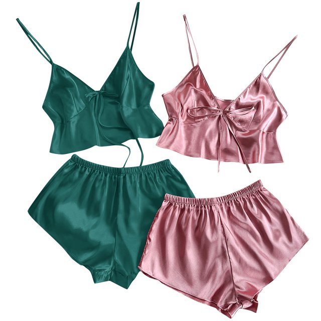 Birdeem Ensemble de Pyjama 2 Pcs pour Femmes Bretelles Solides Dentelle Shorts