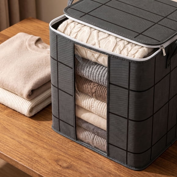 Zippered Foldable Under-Bed Quilt Storage Bin with Large Viewing Window, Double Zipper Closure & Side Carry Handles for Wardrobe Household Sorting