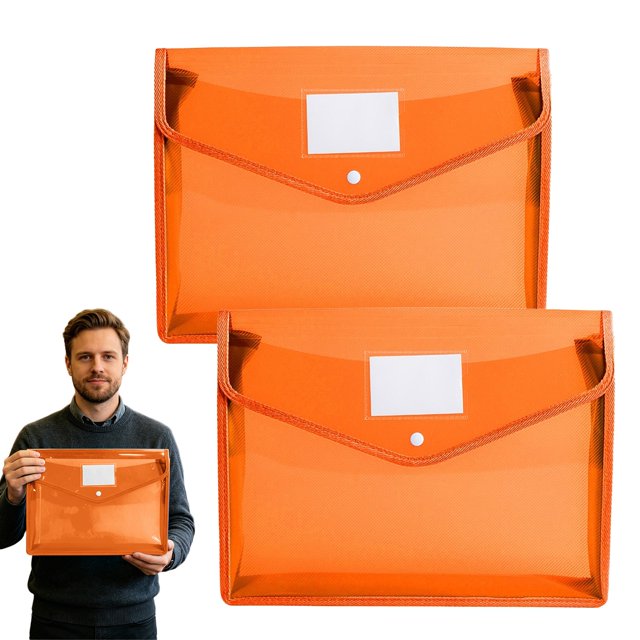 2PCS Documents Holder Envelope Folder, File Storage Bag with Button Transparent Plastic, Certificate File Holder Document Folder, Orange