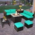 thumbnail image 2 of Patiojoy Ensemble de 9 Pcs de Meubles de Patio Extérieur avec Table de Foyer au Propane de 35 Pouces, Ensemble de Canapé Sectionnel d'Extérieur en Osier PE Gain de Place avec Coffre de Rangement et Coussins Turquoise, 2 of 10