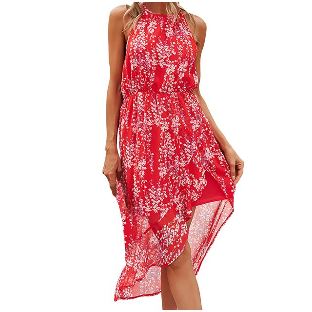 Robe Bohème d'Été pour Femme Sans Manches à Col Licou à Imprimé Floral, Robe de Plage Fluide et Légère à Double Couche avec Ourlet Irrégulier. la Robe Rouge Présente des Motifs Floraux Blancs, Convient aux Événements Formels, aux Soirées Ou aux Sorties Décontractées à la Plage. Fabriquée en Tissu Doux et Extensible pour le Confort et la Respirabilité.